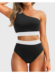Emoswim - One Shoulder High Waisted Bikini Sets Two Piece Swimsuit Tummy Control-Black