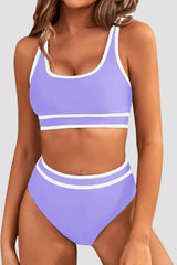 Emoswim - Women's High Waisted Bikini Sets Sporty Two Piece Swimsuits Color Block Cheeky High Cut Bathing Suits