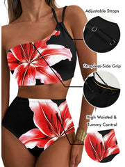 Emoswim - Women's High Waisted Bikini Sets One Shoulder Floral Print Swimsuits 2 piece Tummy Control Bathing Suits