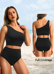 Emoswim - One Shoulder High Waisted Bikini Sets Two Piece Swimsuit Tummy Control-Pink