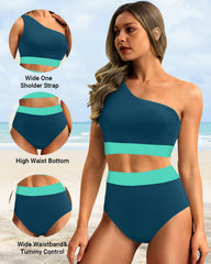 Emoswim - One Shoulder High Waisted Bikini Sets Two Piece Swimsuit Tummy Control-Pink