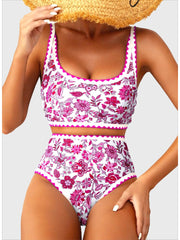 Emoswim - Women's Bikini Sets Floral Print Whip Stitch 2 Piece Swimsuits High Waisted Scoop Bathing Suits