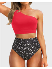 Emoswim - One Shoulder High Waisted Bikini Sets Two Piece Swimsuit Tummy Control-Black