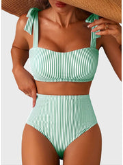 Emoswim - Women's Tie Shoulder Bikini Sets 2 Piece Striped Swimsuits High Waisted Bathing Suits