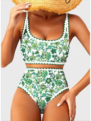 Emoswim - Women's Bikini Sets Floral Print Whip Stitch 2 Piece Swimsuits High Waisted Scoop Bathing Suits