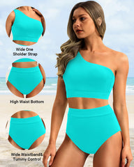 Emoswim - One Shoulder High Waisted Bikini Sets Two Piece Swimsuit Tummy Control-Pink