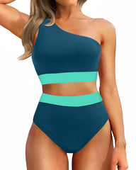 Emoswim - One Shoulder High Waisted Bikini Sets Two Piece Swimsuit Tummy Control-Pink
