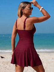 Emoswim - Women's Deep V-Neck Swimdress Belt Fashionable Elegant Swim Dress with Adjustable Straps