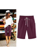 Emoswim - Women's Elastic Waist Knee Length Casual Cotton Bermuda Shorts with Drawstring