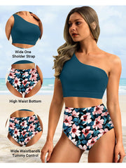Emoswim - One Shoulder High Waisted Bikini Sets Two Piece Swimsuit Tummy Control-Black