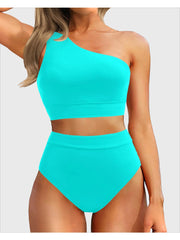 Emoswim - One Shoulder High Waisted Bikini Sets Two Piece Swimsuit Tummy Control-Black