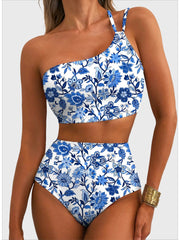 Emoswim - Women's High Waisted Bikini Sets One Shoulder Floral Print Swimsuits 2 piece Tummy Control Bathing Suits
