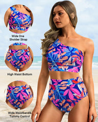Emoswim - One Shoulder High Waisted Bikini Sets Two Piece Swimsuit Tummy Control-Pink