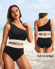 Emoswim - One Shoulder High Waisted Bikini Sets Two Piece Swimsuit Tummy Control-Pink