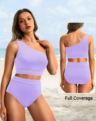 Emoswim - One Shoulder High Waisted Bikini Sets Two Piece Swimsuit Tummy Control-Pink