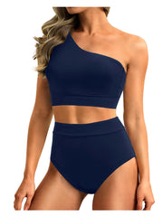 Emoswim - One Shoulder High Waisted Bikini Sets Two Piece Swimsuit Tummy Control-Black