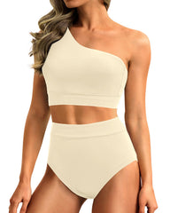 Emoswim - One Shoulder High Waisted Bikini Sets Two Piece Swimsuit Tummy Control-Pink
