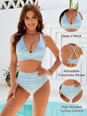 Emoswim - Women Embroidery Print High Waisted Bikini Sets V Neck Tummy Control Bathing Suit Two Piece Curvy Swimsuits