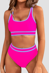 Emoswim - Women's High Waisted Bikini Sets Sporty Two Piece Swimsuits Color Block Cheeky High Cut Bathing Suits