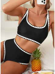 Emoswim - Women's Bikini Sets Floral Print Whip Stitch 2 Piece Swimsuits High Waisted Scoop Bathing Suits