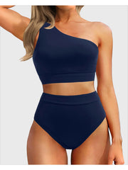 Emoswim - One Shoulder High Waisted Bikini Sets Two Piece Swimsuit Tummy Control-Black