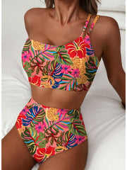 Emoswim - Women's High Waisted Bikini Sets One Shoulder Floral Print Swimsuits 2 piece Tummy Control Bathing Suits