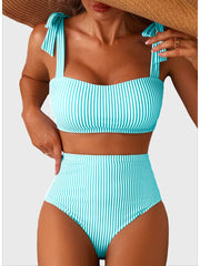 Emoswim - Women's Tie Shoulder Bikini Sets 2 Piece Striped Swimsuits High Waisted Bathing Suits