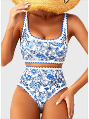 Emoswim - Women's Bikini Sets Floral Print Whip Stitch 2 Piece Swimsuits High Waisted Scoop Bathing Suits