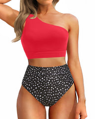 Emoswim - One Shoulder High Waisted Bikini Sets Two Piece Swimsuit Tummy Control-Pink