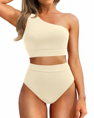 Emoswim - One Shoulder High Waisted Bikini Sets Two Piece Swimsuit Tummy Control-Pink