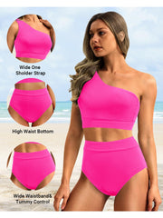Emoswim - One Shoulder High Waisted Bikini Sets Two Piece Swimsuit Tummy Control-Black