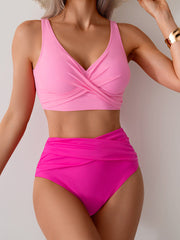Emoswim - Women's High Waisted Bikini Sets Solid Pleated 2 Piece Swimsuits Sexy Beach Sets with Removable Pads