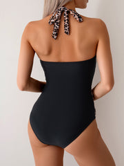 Emoswim - Women One Piece Swimsuit Leopard Splicing Halter V Neck Sexy Tummy Control Push Up Swimwear Back Tie Bathing Suit