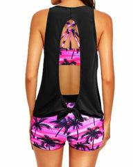 Emoswim - Women's 3 Piece Scoop Neck Criss Cross Tankini Swimsuits-Teal