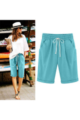 Emoswim - Women's Elastic Waist Knee Length Casual Cotton Bermuda Shorts with Drawstring