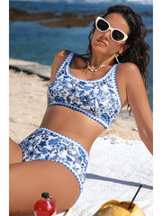 Emoswim - Women's Bikini Sets Floral Print Whip Stitch 2 Piece Swimsuits High Waisted Scoop Bathing Suits