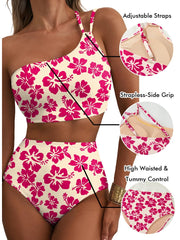 Emoswim - Women's High Waisted Bikini Sets One Shoulder Floral Print Swimsuits 2 piece Tummy Control Bathing Suits