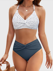 Emoswim - Women's High Waisted Bikini Sets Matel Tummy Control Swimsuits V Neck Twist Front Bathing Suit