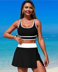 Emoswim - High Waisted Bikini Sets Tummy Control Swim Skirt Two Piece Swim Suit Tummy Control Color Block Bathing Suit