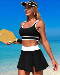 Emoswim - High Waisted Bikini Sets Tummy Control Swim Skirt Two Piece Swim Suit Tummy Control Color Block Bathing Suit