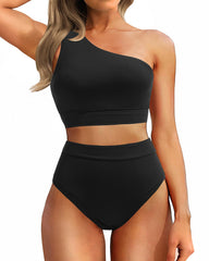 Emoswim - One Shoulder High Waisted Bikini Sets Two Piece Swimsuit Tummy Control-Pink