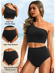 Emoswim - One Shoulder High Waisted Bikini Sets Two Piece Swimsuit Tummy Control-Black