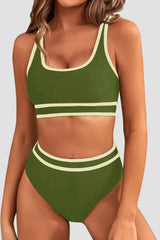 Emoswim - Women's High Waisted Bikini Sets Sporty Two Piece Swimsuits Color Block Cheeky High Cut Bathing Suits