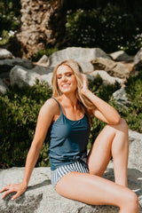 Emoswim - Tie Front Blouson Swim Tankini In Navy Blue