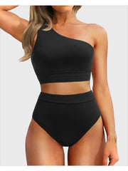 Emoswim - One Shoulder High Waisted Bikini Sets Two Piece Swimsuit Tummy Control-Black