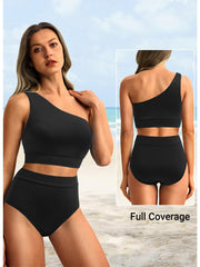 Emoswim - One Shoulder High Waisted Bikini Sets Two Piece Swimsuit Tummy Control-Black